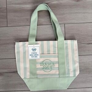 💚 Trader Joe's Limited Edition Mint Green Striped Mini Canvas Tote Bag